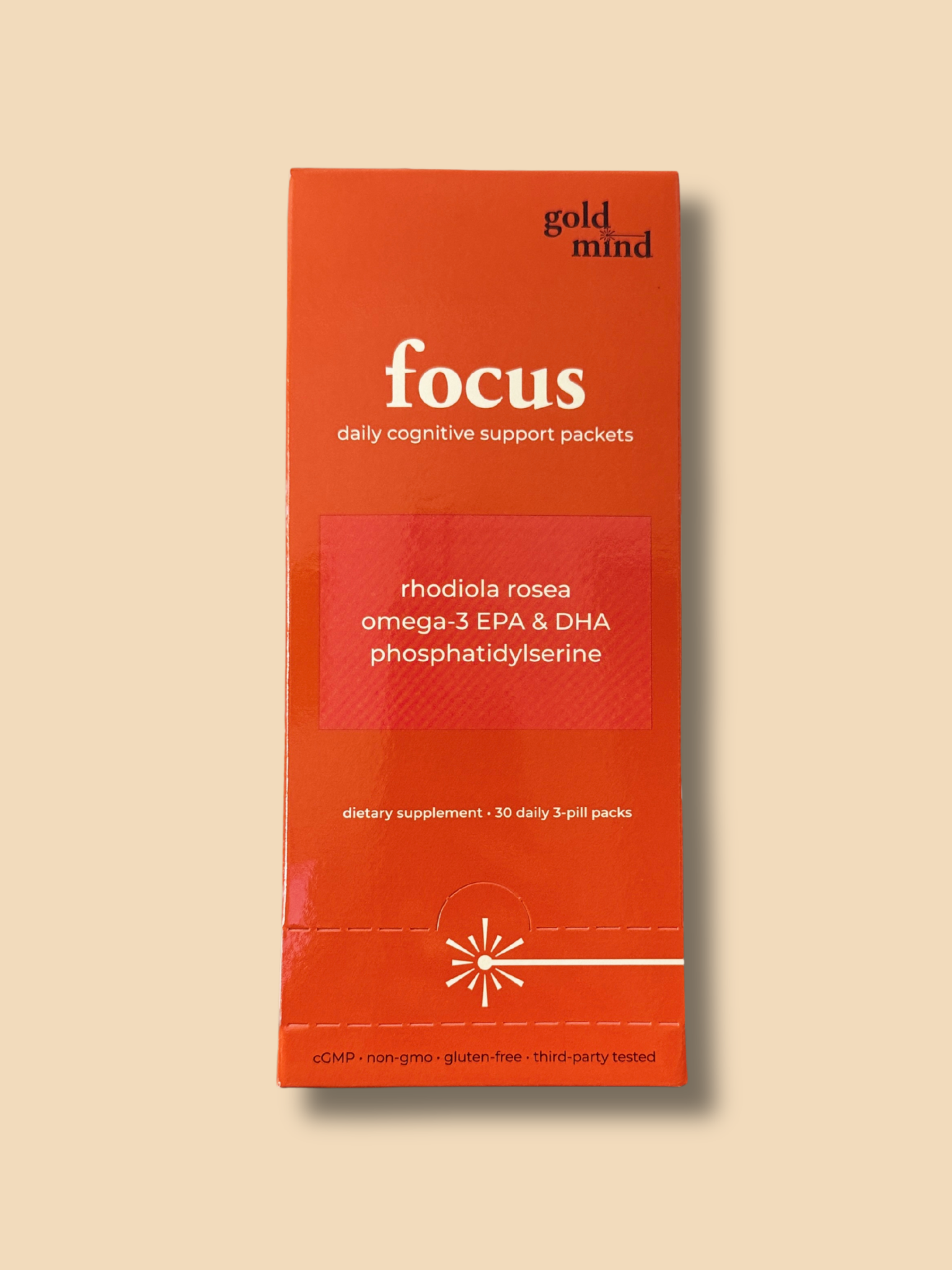 Box of Goldmind:Focus daily cognitive support packets on a beige background