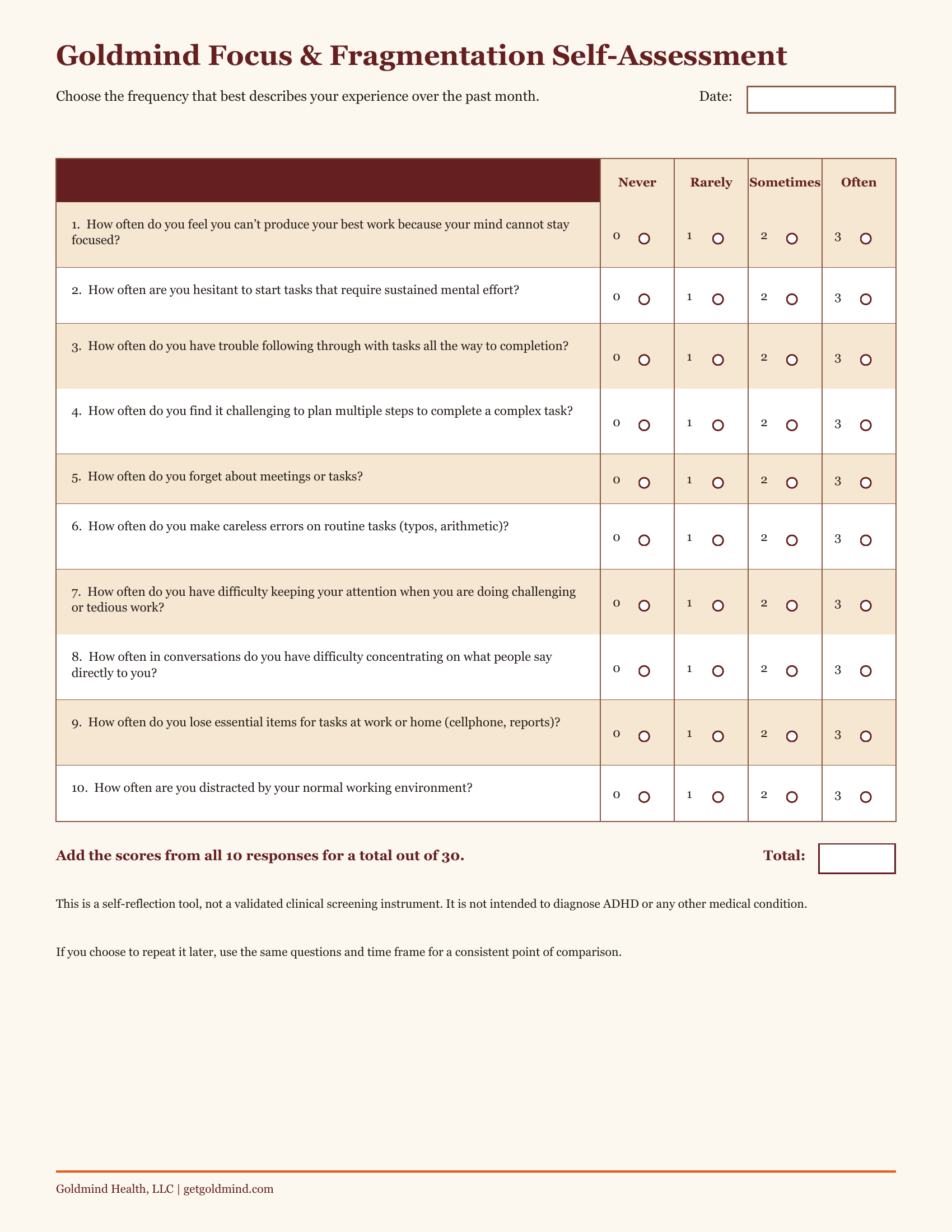 First page of the Goldmind Focus and Fragmentation Self-Assessment